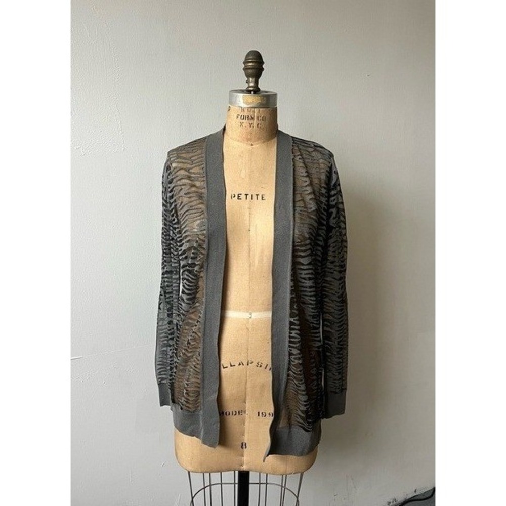 AllSaints Shor Cardigan Grey Tiger Stripe Burnout‎ Open Front Sheer Small WK138G